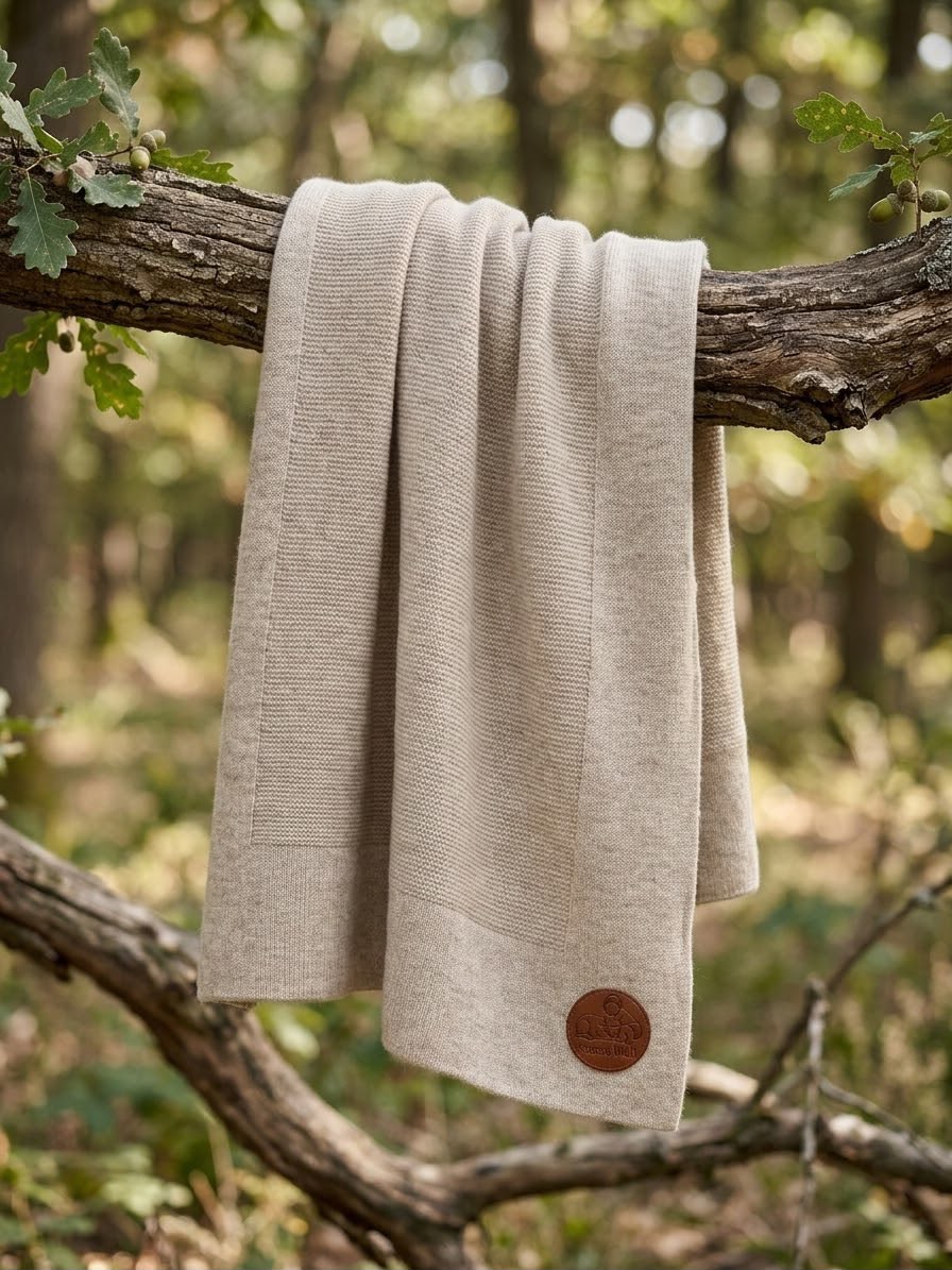 Naturfarbene Merino Decke mit Sterns Welt Lederlabel über einem Ast