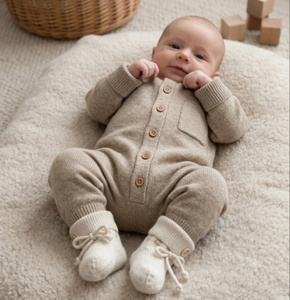 Baby im beigefarbenen Strampler aus Merinowolle mit Holzknöpfen und cremefarbenen Söckchen