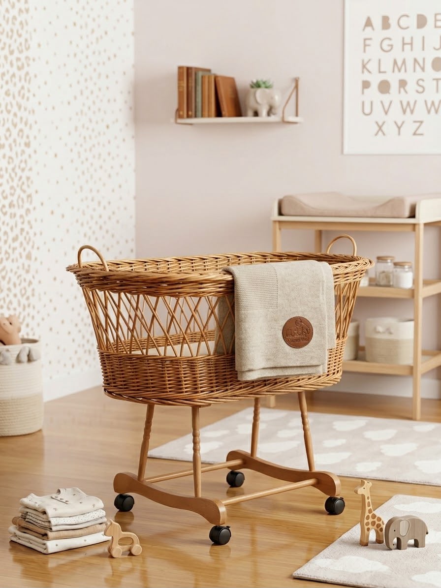 Naturfarbene Merino Babydecke mit Sterns Welt Lederlabel an einer Korbwiege