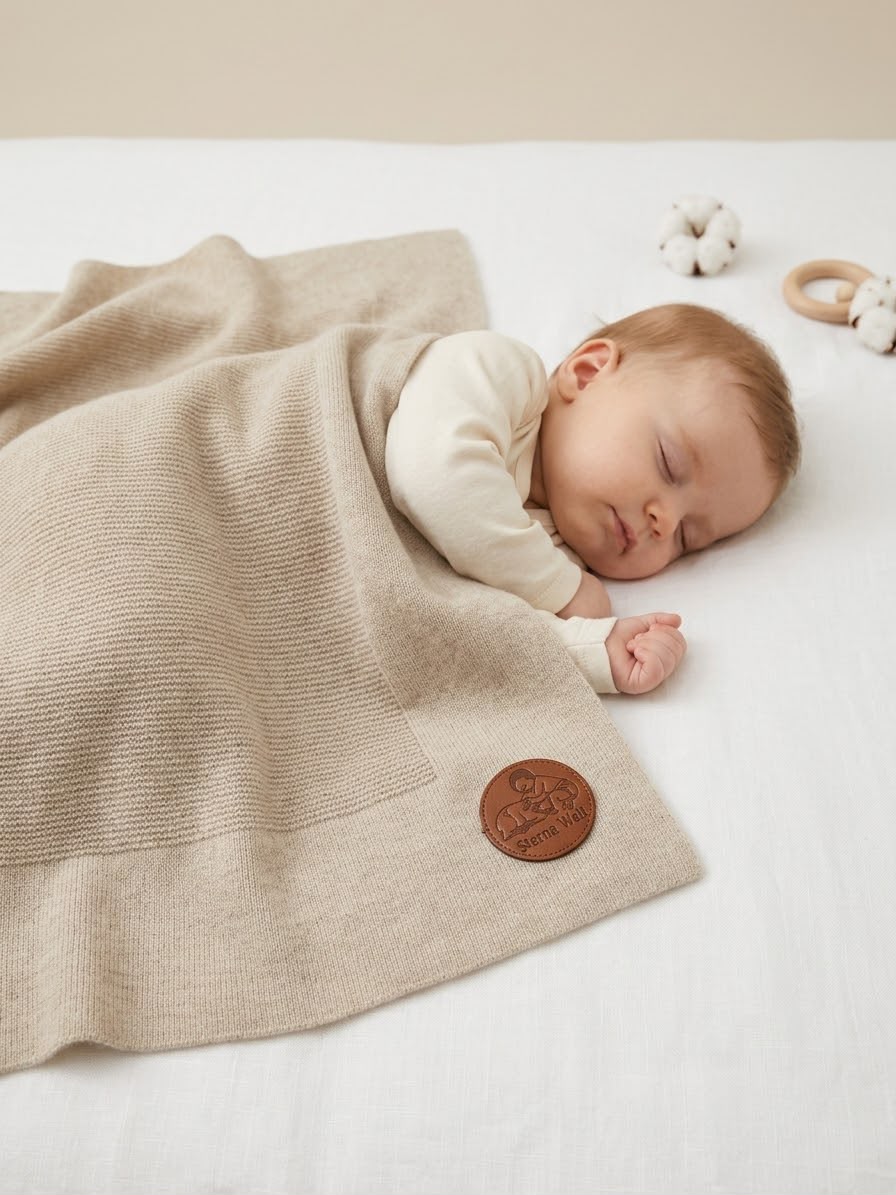 Schlafendes Baby unter der naturfarbenen Merino Decke mit Sterns Welt Lederlabel